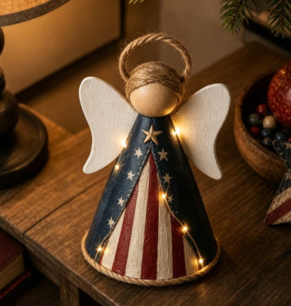 👼✨Rustic Red, White & Blue Angel Ornament with Warm LED Lights-3Pcs