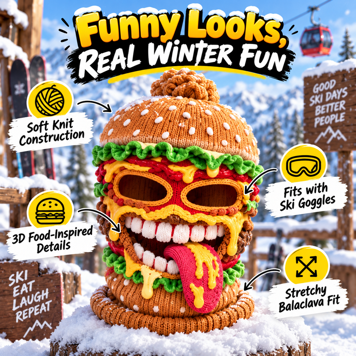 🍔 Funny Food Ski Mask – Burger, Fried Chicken, Pizza & Fries Winter Balaclava