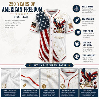 Men's 250th Anniversary Baseball Jersey Patriotic American Flag Eagle Button Down Shirt 1776-2026