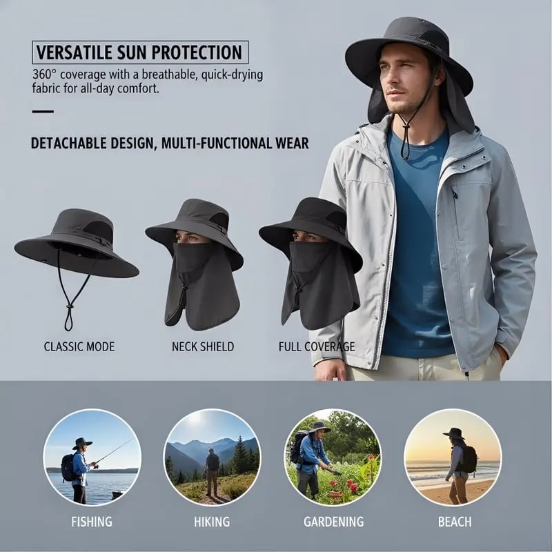 🌞Spring/Summer Fisherman's Hat Detachable Outdoor Sun-Protective Face Covering🏕️ (Adjustable & Lightweight Comfort & Unisex Fit)