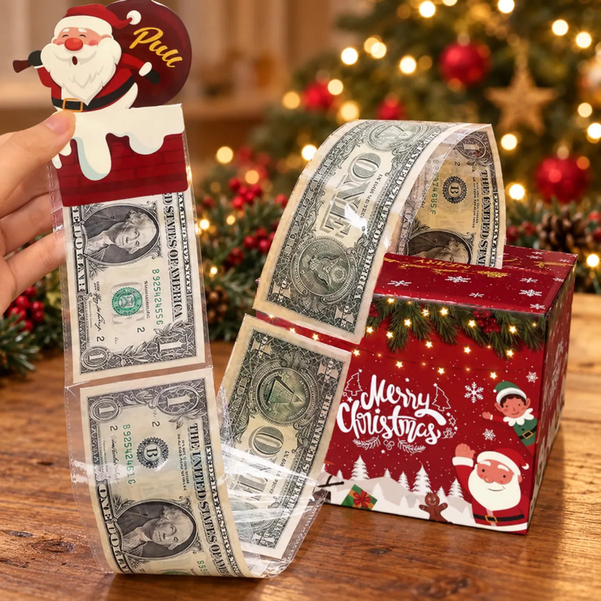 🔥LAST DAY 50% OFF - 💵🎄 Christmas Money Pull Surprise Box 50 Fillable Pockets for Cash, Treats, Notes & More 🎁