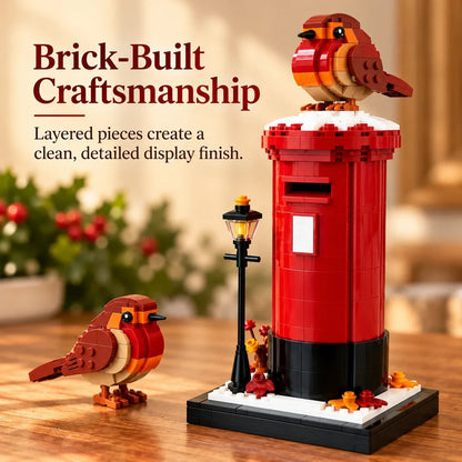 Vintage British Robin & Postbox Brick Display Set – Classic Red Mailbox Model with Robin Figures & Decorative Base