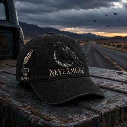 🐦 NEVERMORE Raven Gothic Cap – Premium Embroidered Literary Cap | Full Embroidery • Adjustable Fit • Vintage Black Style 🌙