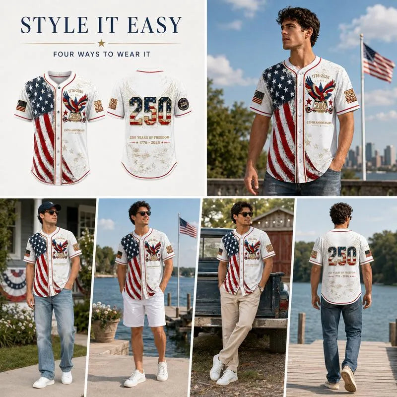 Men's 250th Anniversary Baseball Jersey Patriotic American Flag Eagle Button Down Shirt 1776-2026
