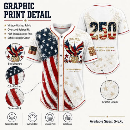 Men's 250th Anniversary Baseball Jersey Patriotic American Flag Eagle Button Down Shirt 1776-2026
